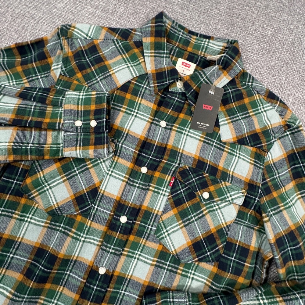 Levis The Western Shirt Mens S Green Gold Plaid Cotton Flannel‎ Pearl Snap NEW